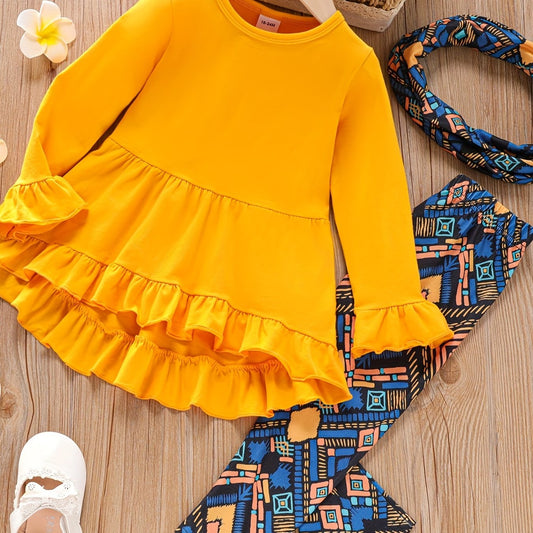 3pcs Baby Girls Ruffled Dress Top & Flared Pants & Scarf Set