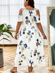  Floral Print Lace Cold Shoulder Maxi Dress