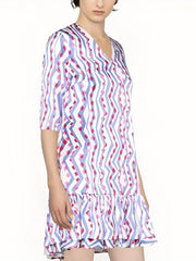  Colorblock Geometric Print V Neck Ruffle Dress