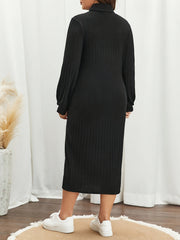  Ribbed Lantern Sleeve Bodycon Midi Dress