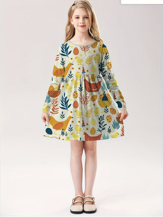 Girls Cartoon Animal Garden Long Sleeve Dress