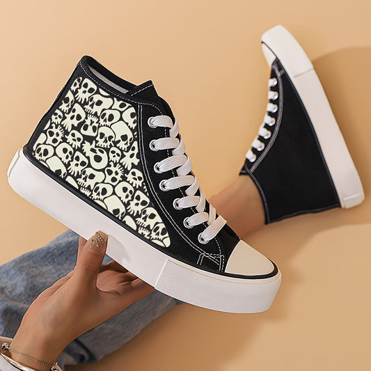 Skull Print Chunky Canvas Sneakers Non Slip High Top