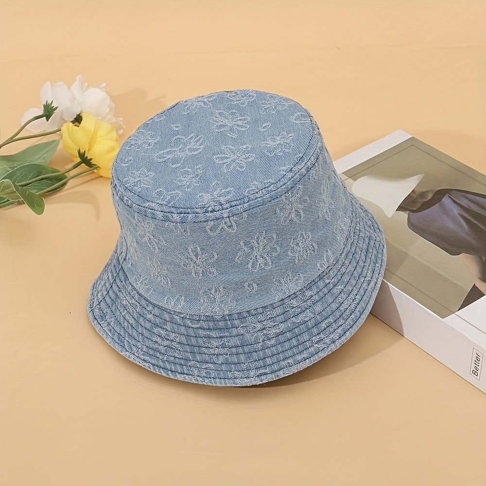 Floral Embroidery Bucket Hat Denim Washed Lightweight Fisherman Cap