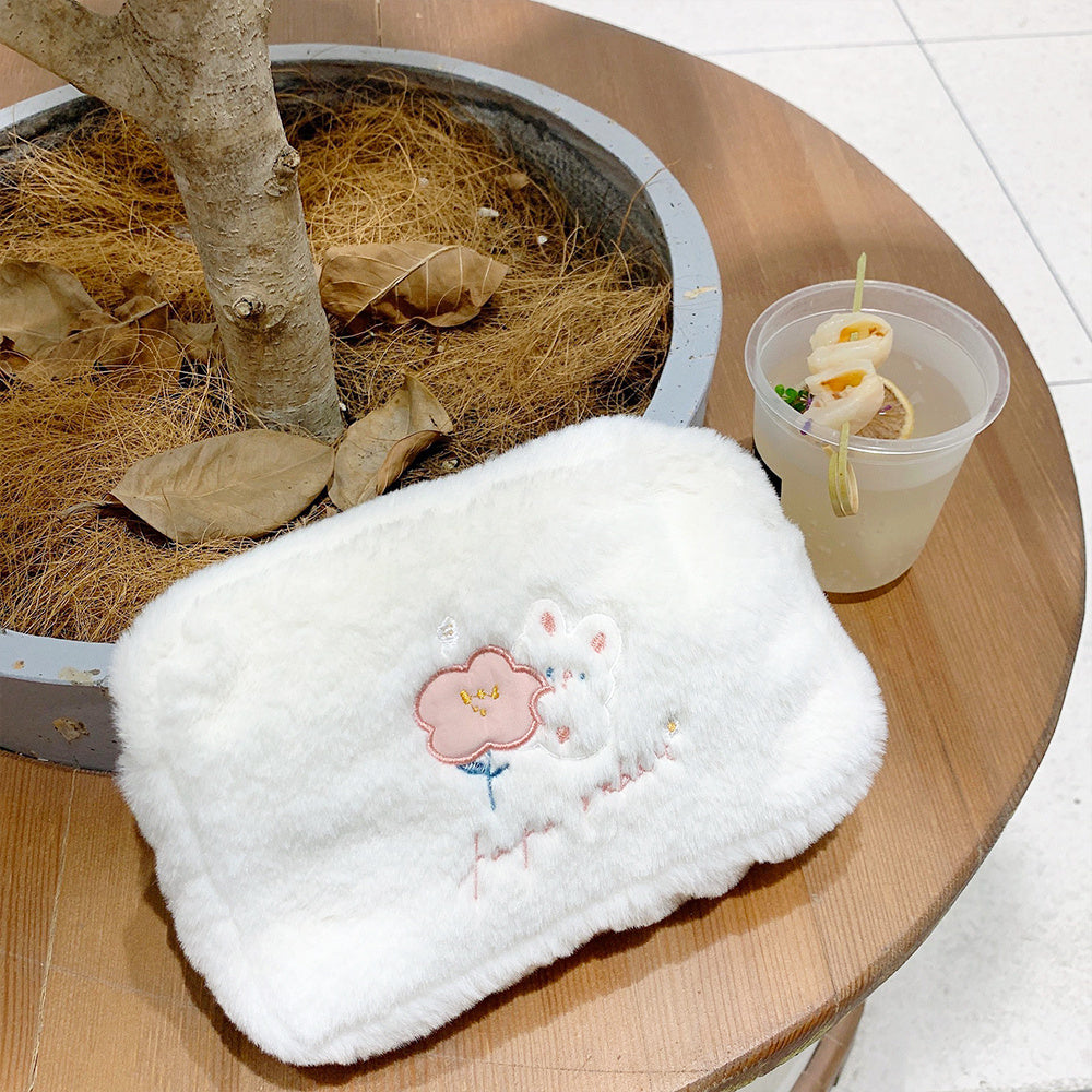Embroidered Rabbit Cosmetic Bag Soft Plush Travel Makeup Pouch