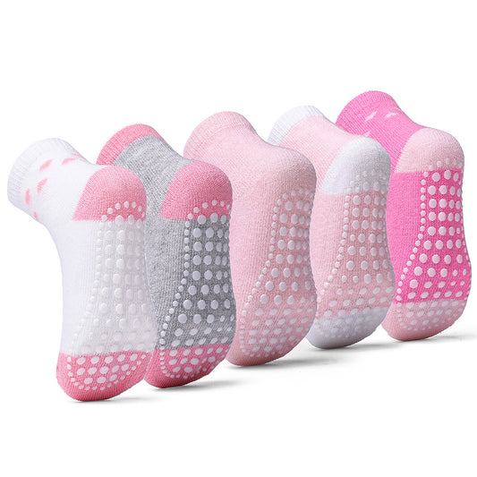 5 Pairs Baby Girls Non Slip Cotton Heart Print Crew Socks