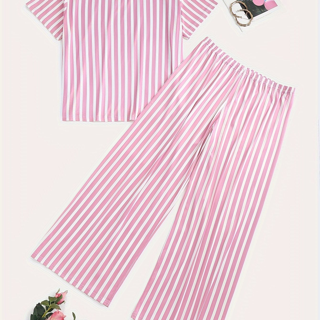  Striped Pattern Pajamas Set Short Sleeve Top & Pants 2 Piece