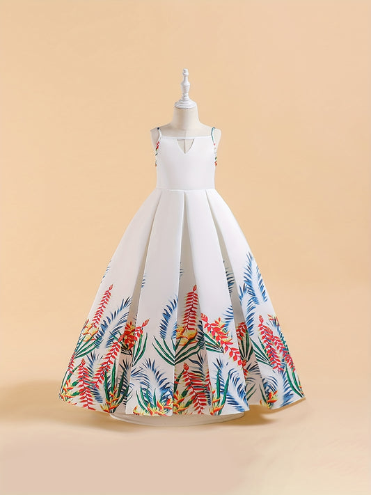 Girls Tropical Print Cut Out Pleated Party Dress Suspenders Printed Long Skirt
