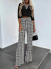  Women's Houndstooth Print Flared Leg Trousers