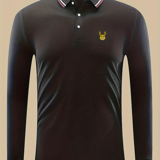 Golden Bunny Head Print Men's Casual Button Up Polo Shirt