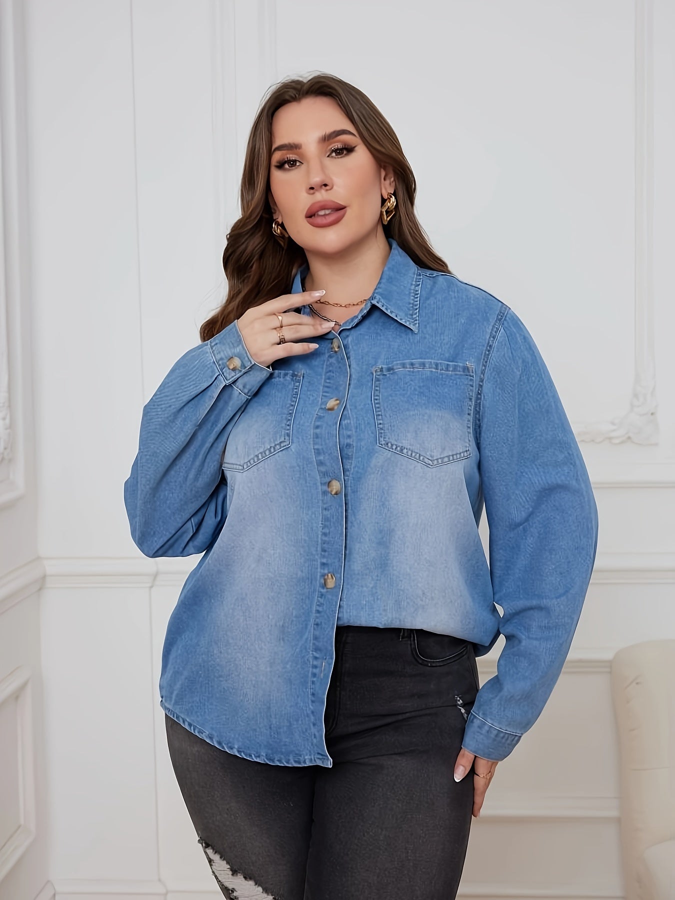  Denim Top Women's Rolled Sleeve Button Up Tie Front Blouse