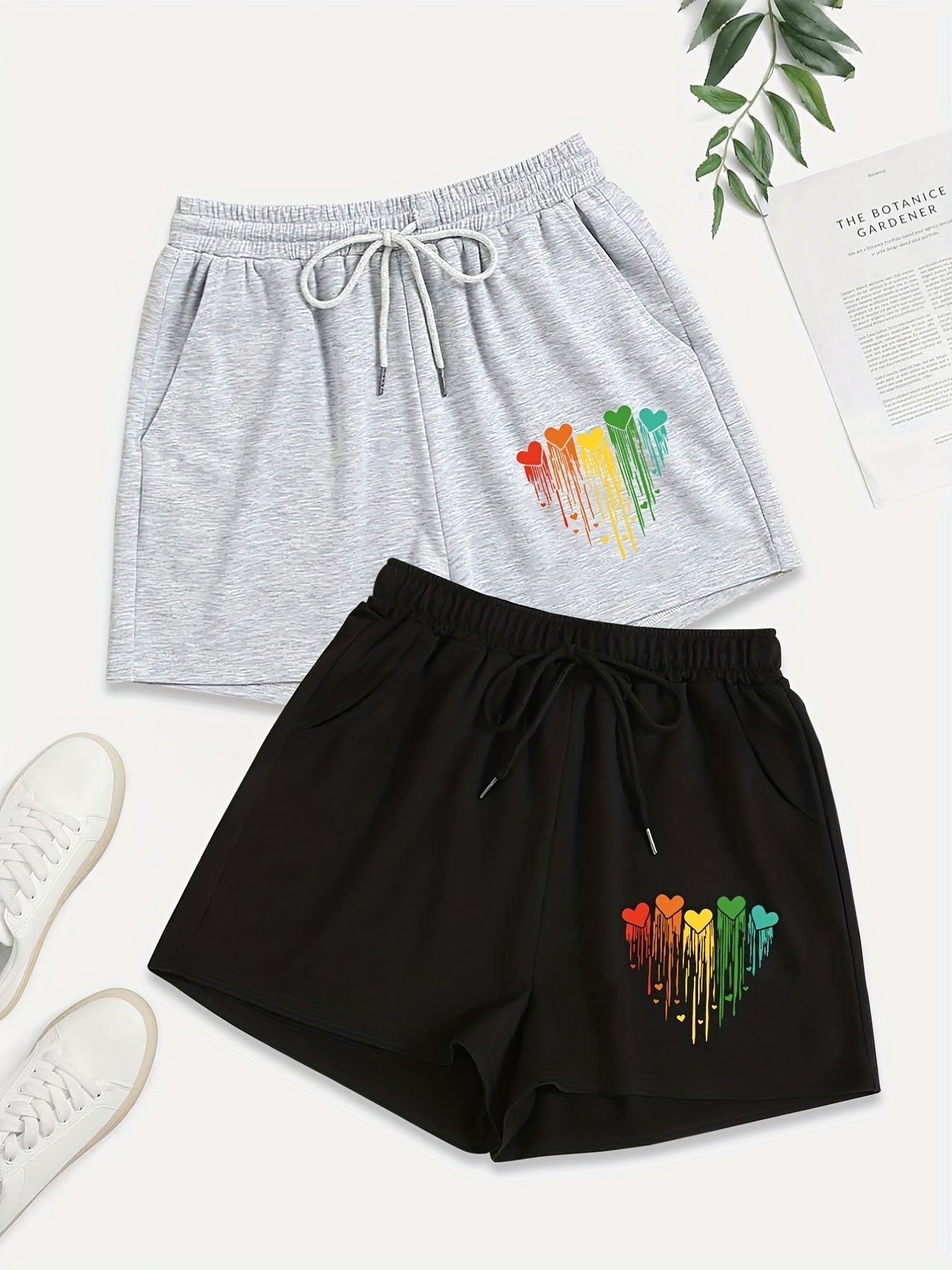 2 Pack Plus Size Casual Heart Print Drawstring Shorts With Pockets Set