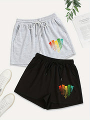 2 Pack Plus Size Casual Heart Print Drawstring Shorts With Pockets Set