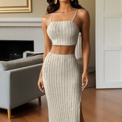 Ribbed Two piece Set Crop Top & Split Skirt Outfits Women's Clothing