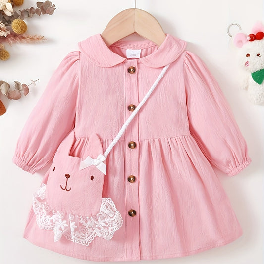 2pcs Baby Girls Preppy Style Button Dress with Backpack