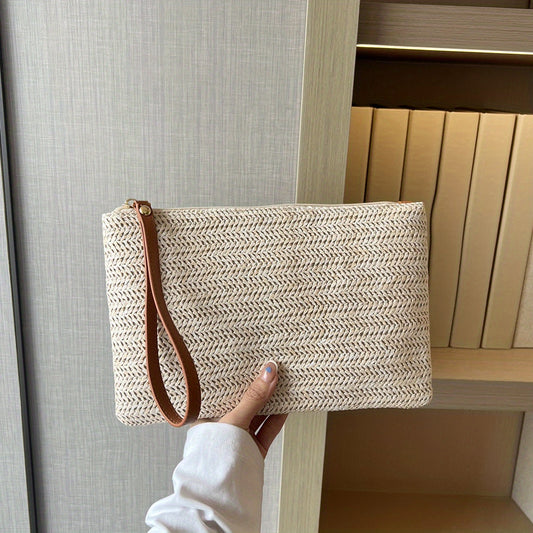 Straw Woven Clutch Bag Braided Waist Purse Zipper Handbags