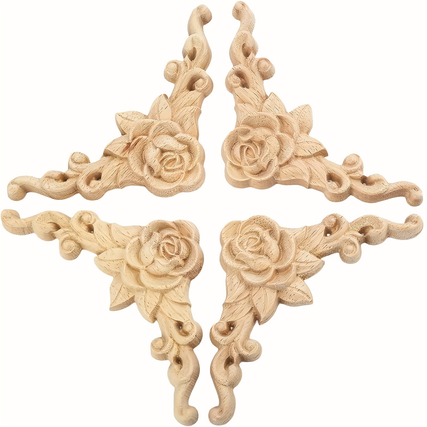 4pcs Wood Appliques & Onlays For Furniture 3.15x3.15in Carved Corner Decoration