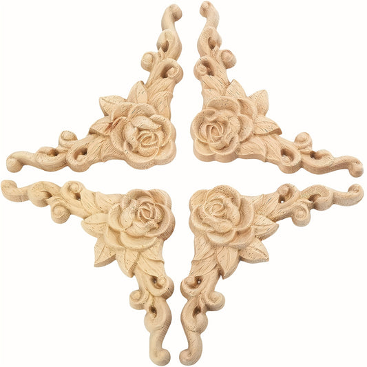 4pcs Wood Appliques & Onlays For Furniture 3.15x3.15in Carved Corner Decoration