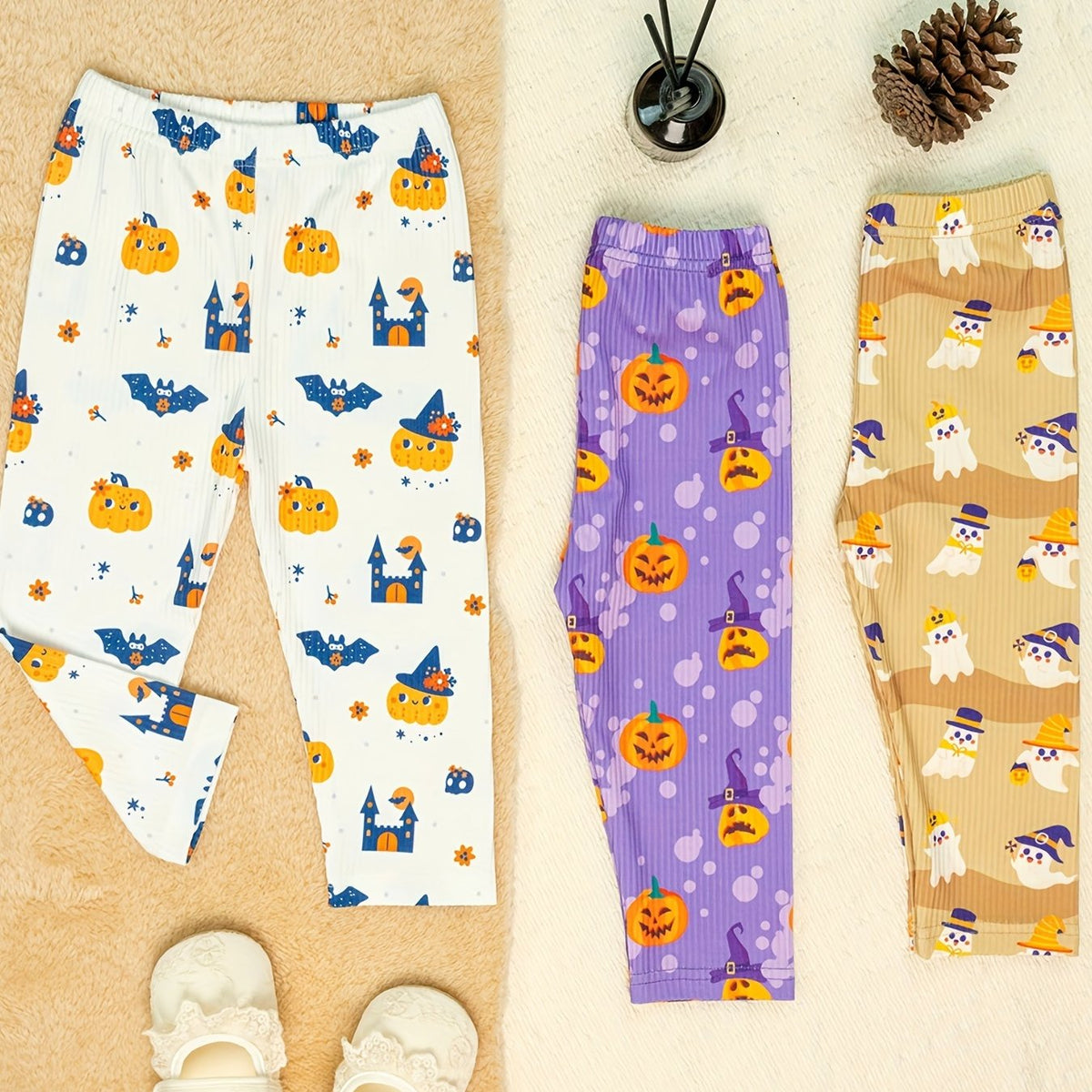 3pc Halloween Leggings For Girls, Cartoon Pattern Ankle Leggings Set