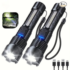 Rechargeable Waterproof Flashlight With Side Light & Zoomable Red Light