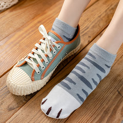 4 Pairs Women Ankle Socks Cat Paw Leopard Print Cotton Low Cut Short Socks