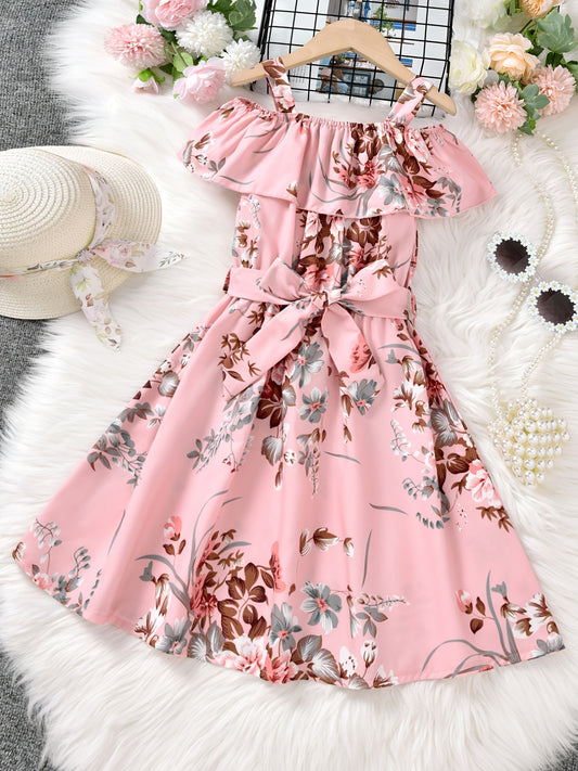 Girls Off Shoulder Ruffle Trim Flowers Print Belted Princess Dress