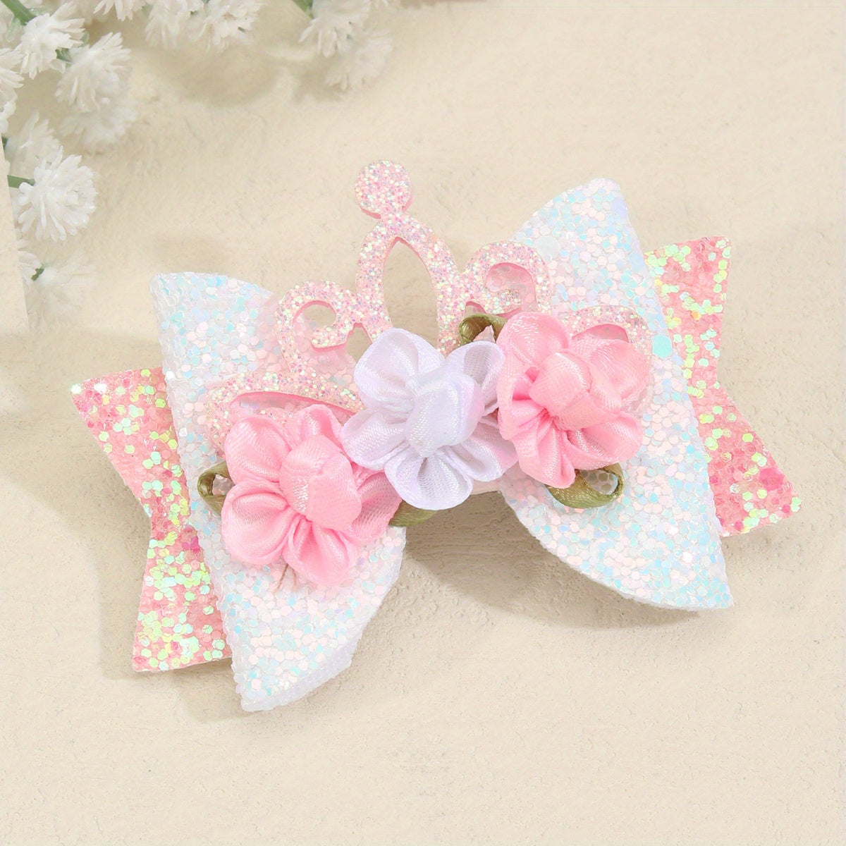 Pink Glitter Crown Bow Flowers Hair Clips for Baby Girls