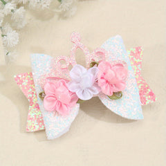 Pink Glitter Crown Bow Flowers Hair Clips for Baby Girls