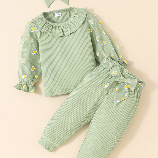 Girls Flower Print Ruffle Neck Pullover Top & Pants 2pcs Set