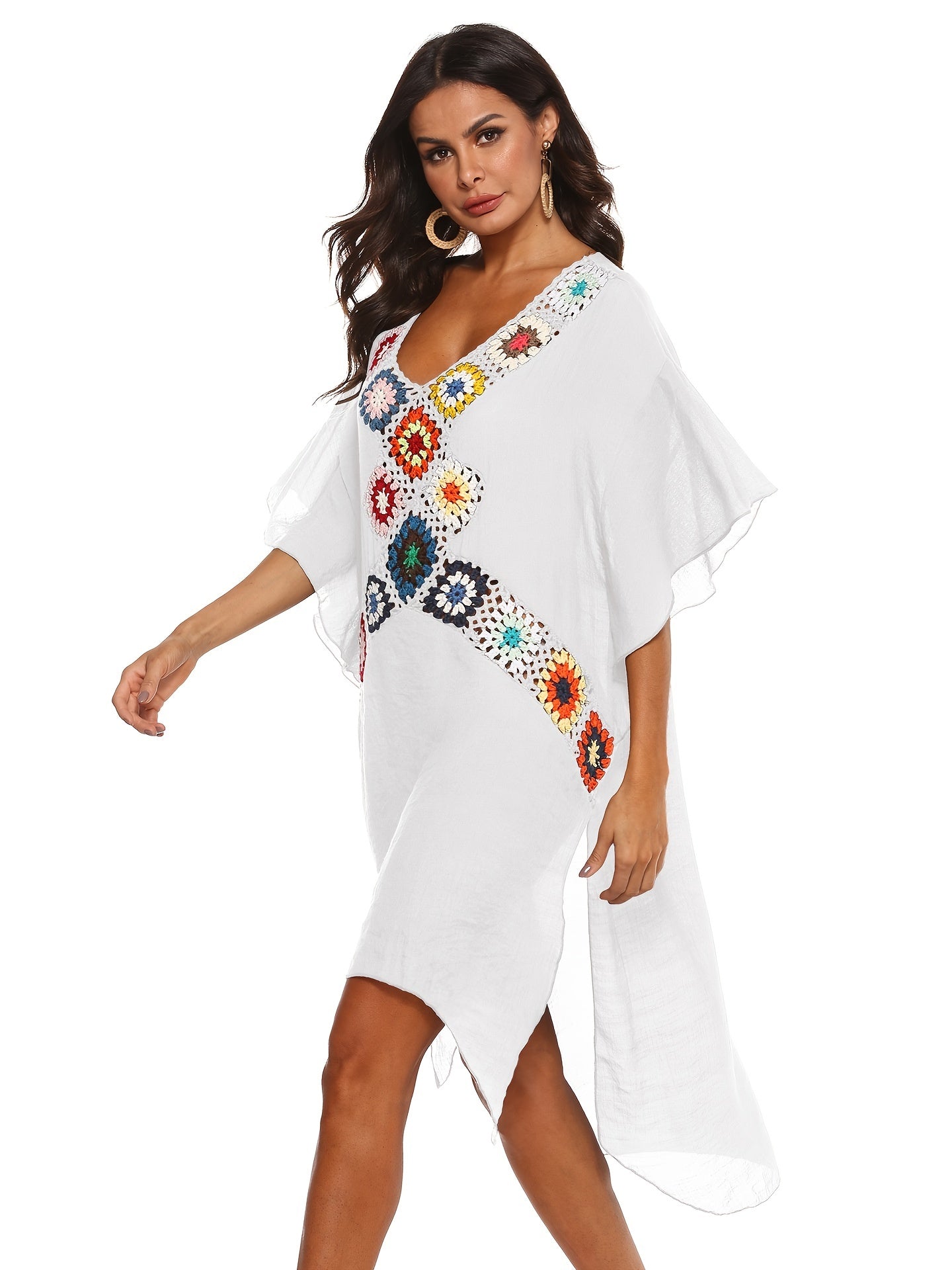 Crochet Floral Decor Beach Dress V Neck Semi Sheer Split Kaftan