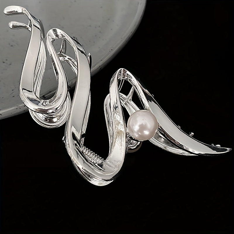 Wavy Faux Pearl Hair Claw Clip Silvery Strong Grip
