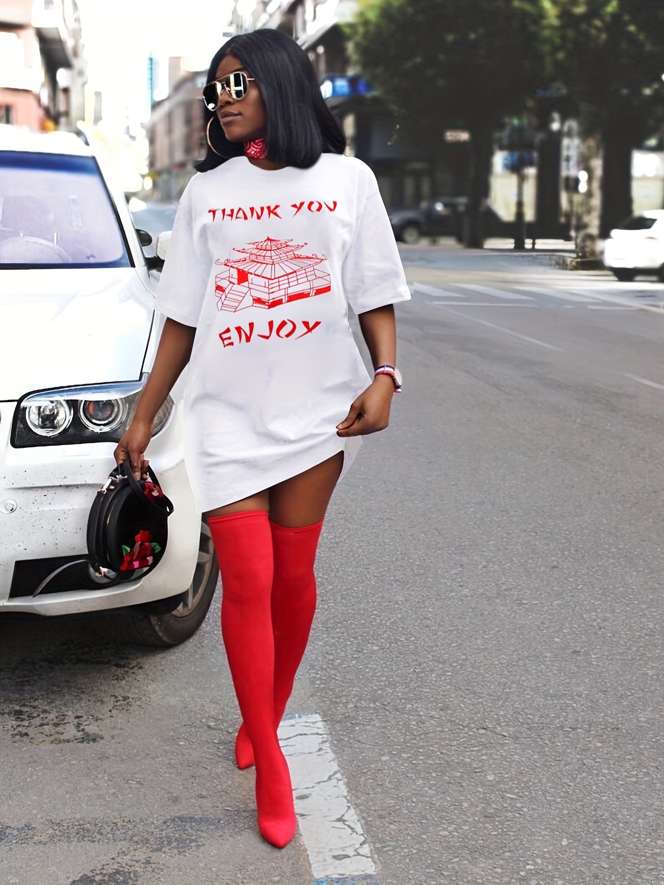  Casual Tee Dress Women's Plus Building & Letter Print Short Sleeve
