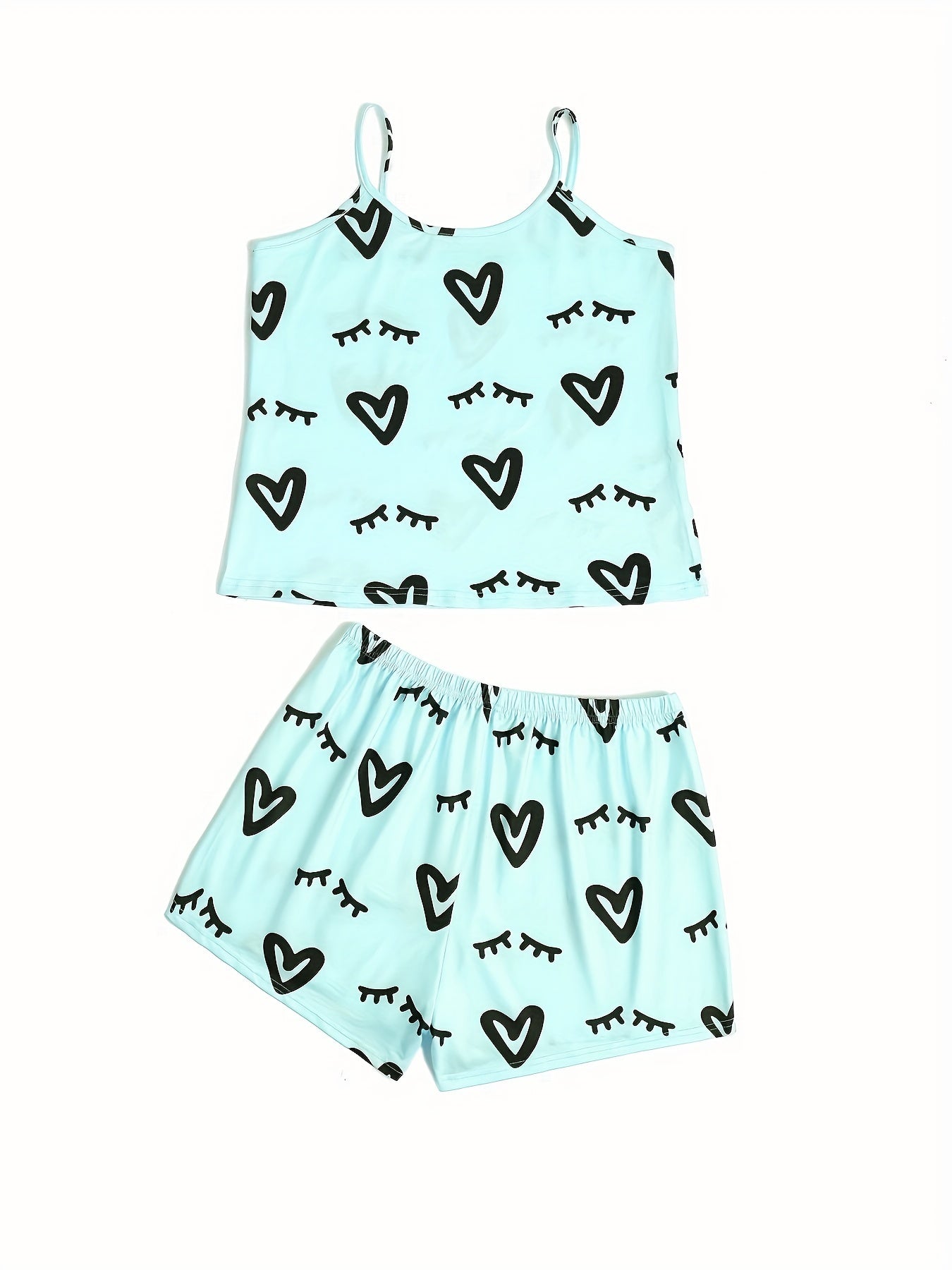 Heart Print Lounge Set Cami Top & Shorts Women's Loungewear