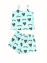Heart Print Lounge Set Cami Top & Shorts Women's Loungewear