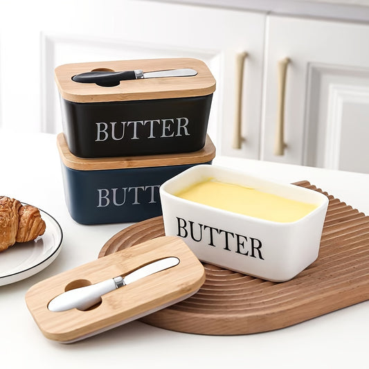 Ceramic Butter Dish With Bamboo Lid - Kitchen Sealed Jar