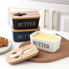 Ceramic Butter Dish With Bamboo Lid - Kitchen Sealed Jar