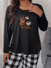  Coffee Graphic Long Sleeve Crew Neck Stretch Tee