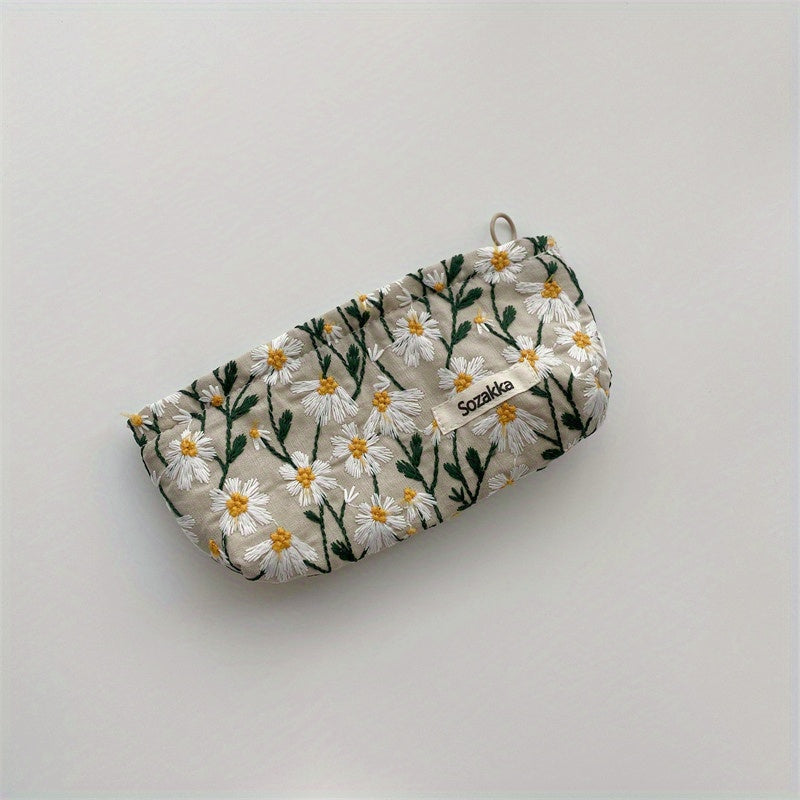 Daisy Embroidered Cosmetic Bag for Women - Roomy Toiletry Case
