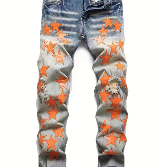 Men's Slim Fit Embroidered Star Ripped Jeans