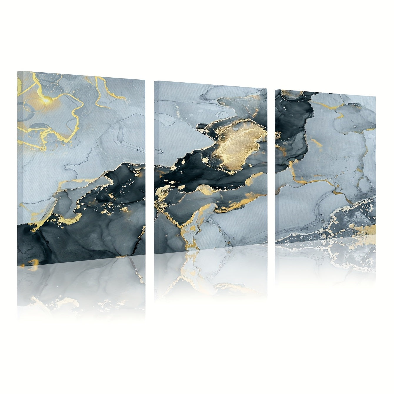 3pcs Framed Modern Ink Paintings with Marble Texture and Golden Accents