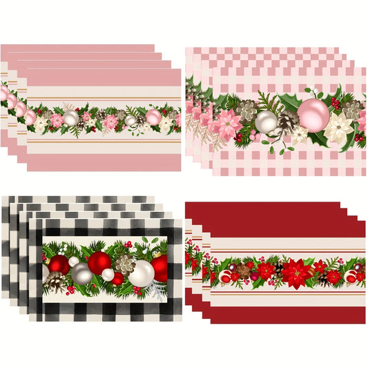 4pcs Christmas Placemat Colorful Plaid Heat Insulation Pad