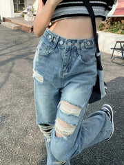 Loose Fit High Waist Street Style Denim Trousers