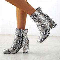 Snakeskin Print Ankle Boots Side Zip Chunky Heel