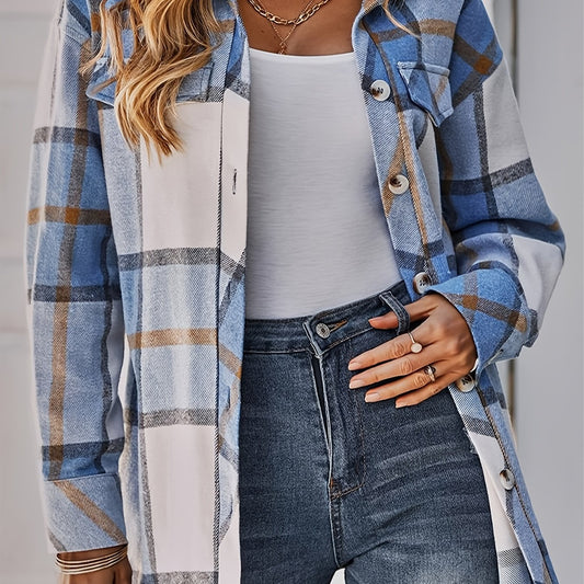  Plaid Print Button Up Long Sleeve Turn Down Collar Shacket