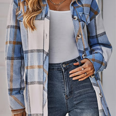  Plaid Print Button Up Long Sleeve Turn Down Collar Shacket