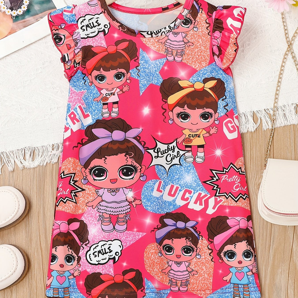 Girls Cartoon Stars Print T Shirt Dress For Pajamas Outfit