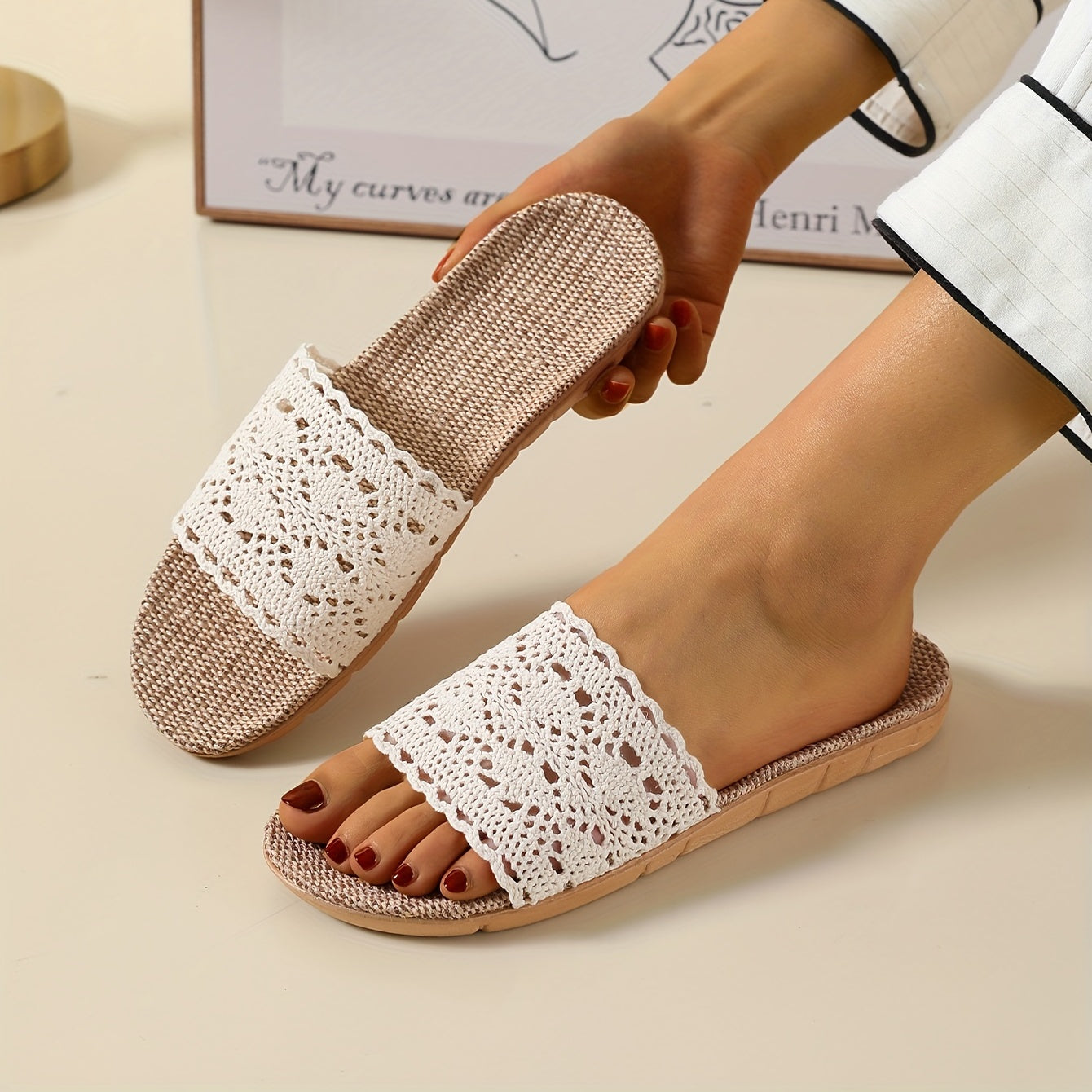 Women's Breathable Mesh Linen Slippers Open Toe Hollow Out Solid Slip On Slides