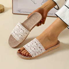 Women's Breathable Mesh Linen Slippers Open Toe Hollow Out Solid Slip On Slides