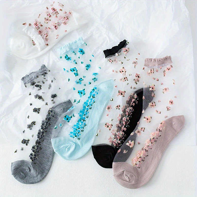 5 Pairs Mesh Sheer Socks Floral Print Stockings Women's Hosiery
