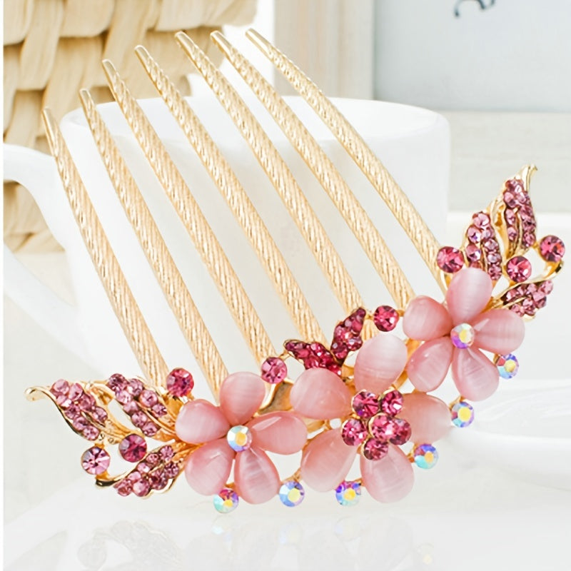 Rhinestone Flower Hair Comb 7 Teeth Metal Bridal Wedding Headdress