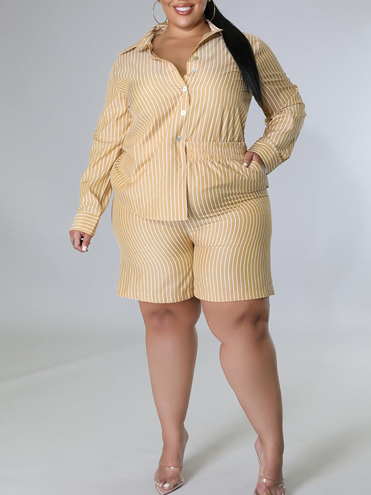  Striped Long Sleeve Shirt & Shorts Set Women's Plus Casual Outfits